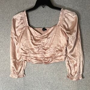AE Studio Pink Satin Ruched Smocked Square Neck Crop Top Coquette Womens Small